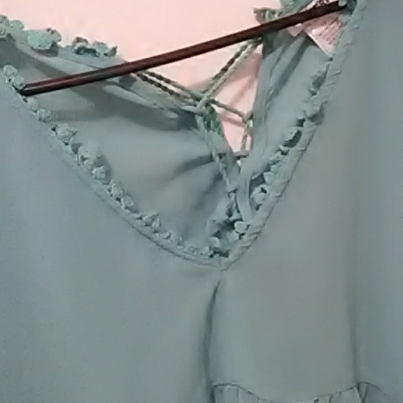 Blue-Green V Neck Semisheer fringed top - Picture 7 of 8